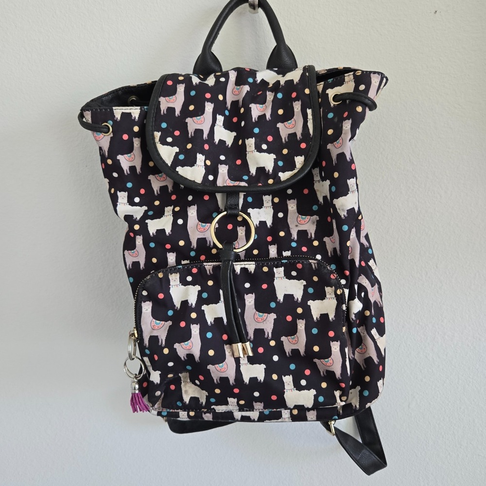 Like Dreams Backpack Women Medium Black Llama Print Drawstring Magnetic Snap